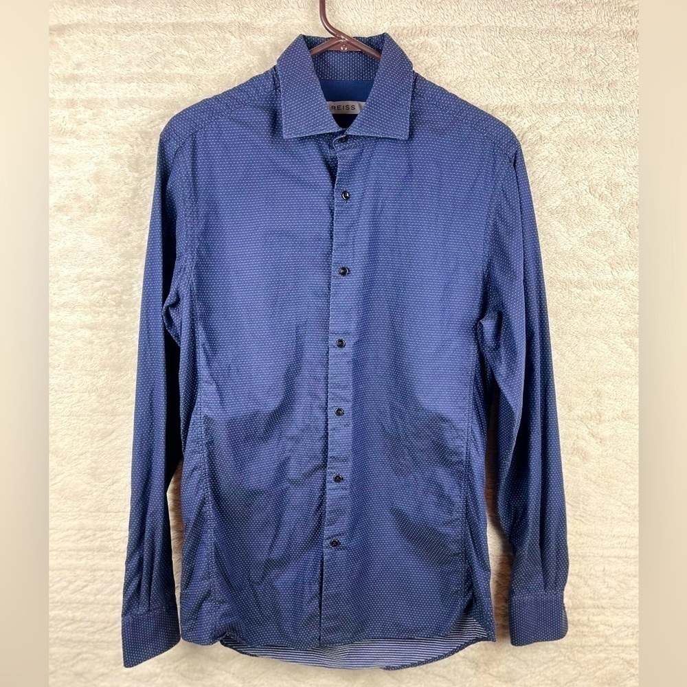 REISS  Men's Blue White Dots Button Down Men's Shirt Size Medium Quiet Luxury